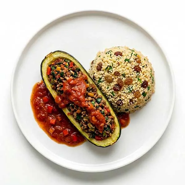 Stuffed Marrow with Minted Tomato Sauce & Raisin Couscous